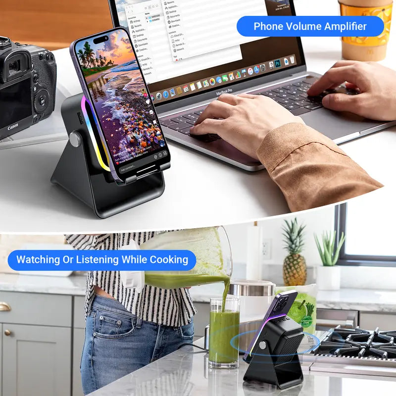 Wireless induction speaker stand, 5-in-1 phone holder with 3500mAh power bank, 360° adjustable, with ambient light, Mother’s Day gift