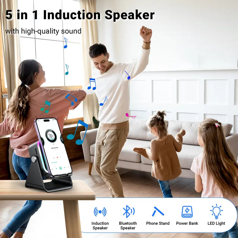 Wireless induction speaker stand, 5-in-1 phone holder with 3500mAh power bank, 360° adjustable, with ambient light, Mother’s Day gift