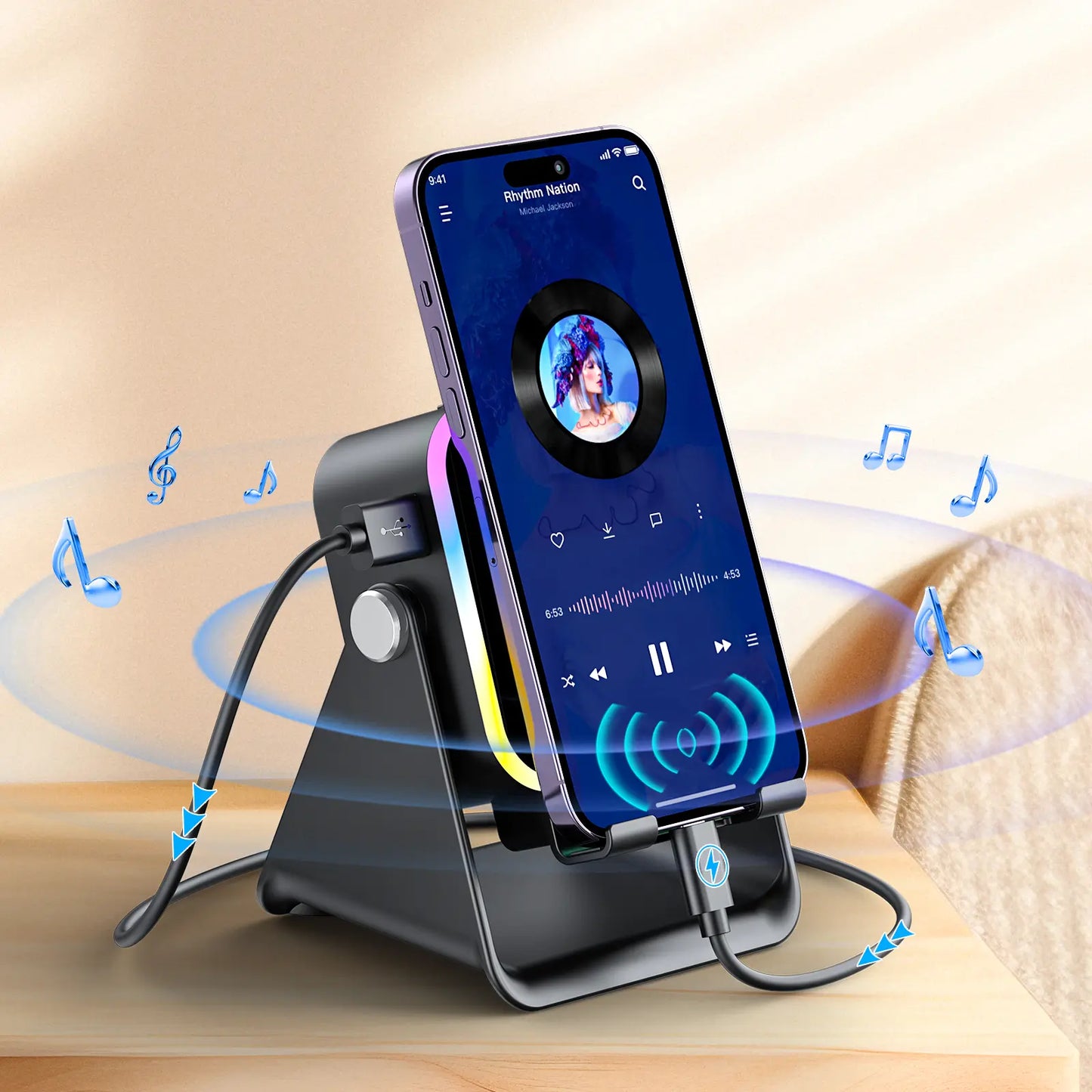 Wireless induction speaker stand, 5-in-1 phone holder with 3500mAh power bank, 360° adjustable, with ambient light, Mother’s Day gift