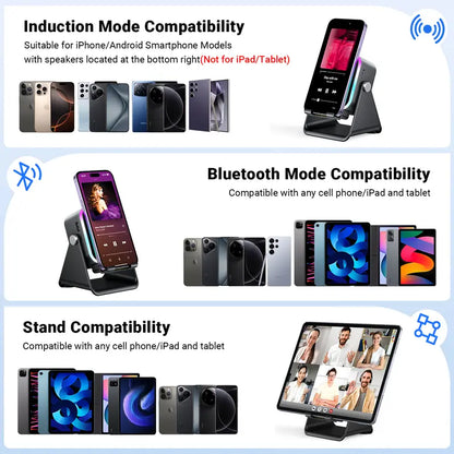 Wireless induction speaker stand, 5-in-1 phone holder with 3500mAh power bank, 360° adjustable, with ambient light, Mother’s Day gift
