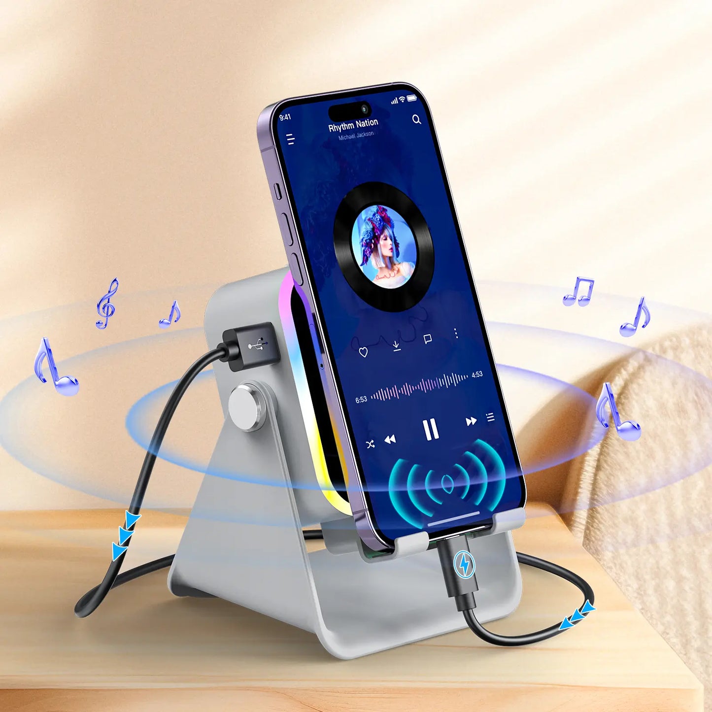 Wireless induction speaker stand, 5-in-1 phone holder with 3500mAh power bank, 360° adjustable, with ambient light, Mother’s Day gift