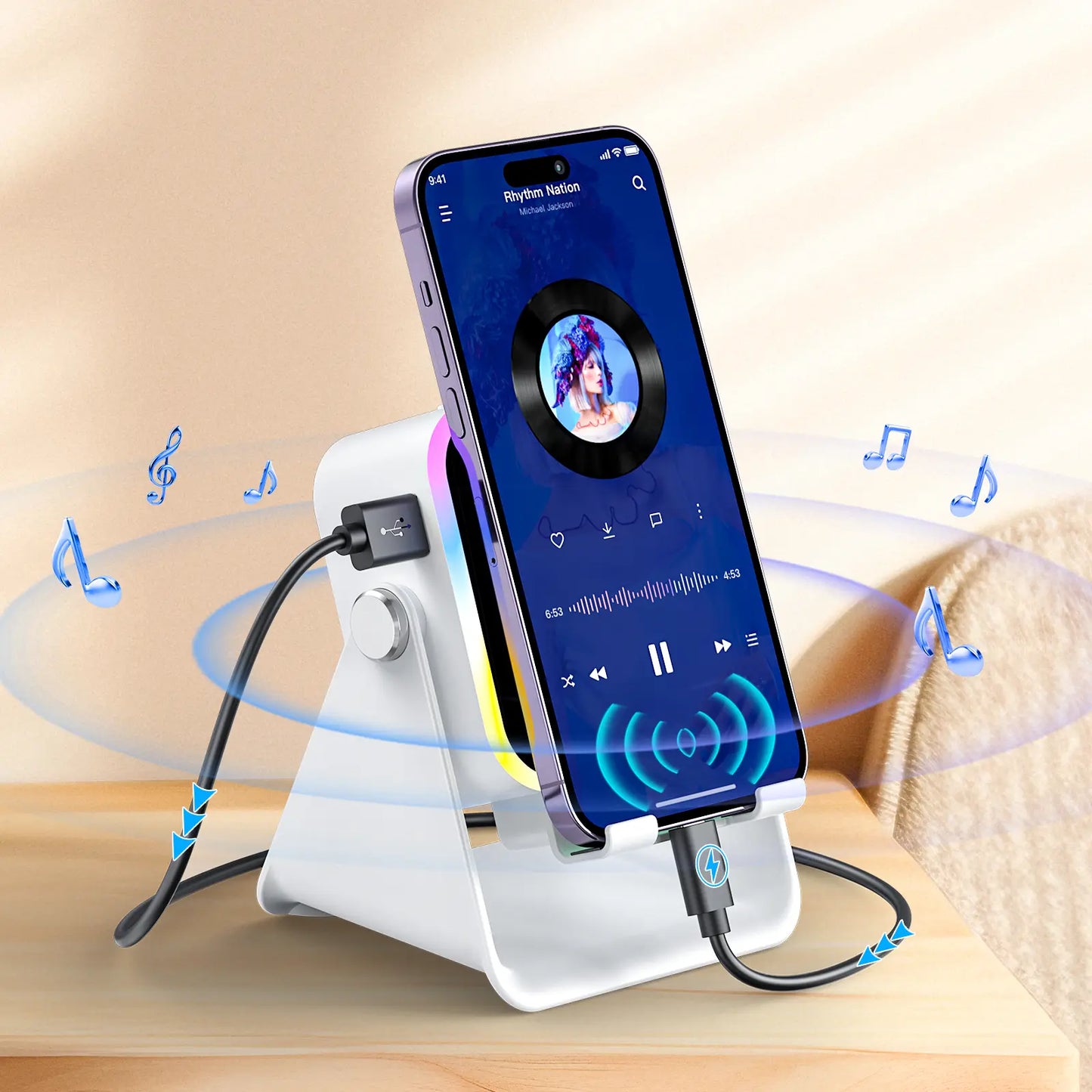 Wireless induction speaker stand, 5-in-1 phone holder with 3500mAh power bank, 360° adjustable, with ambient light, Mother’s Day gift