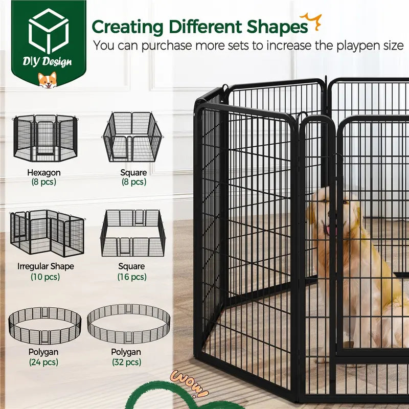 Metal Dog Playpen, 6/8/12/16 Panels, Indoor/Outdoor Pet Exercise Barrier, 24/32/40/47 inch.