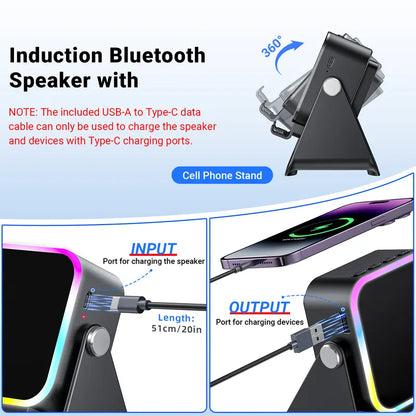 Wireless induction speaker stand, 5-in-1 phone holder with 3500mAh power bank, 360° adjustable, with ambient light, Mother’s Day gift