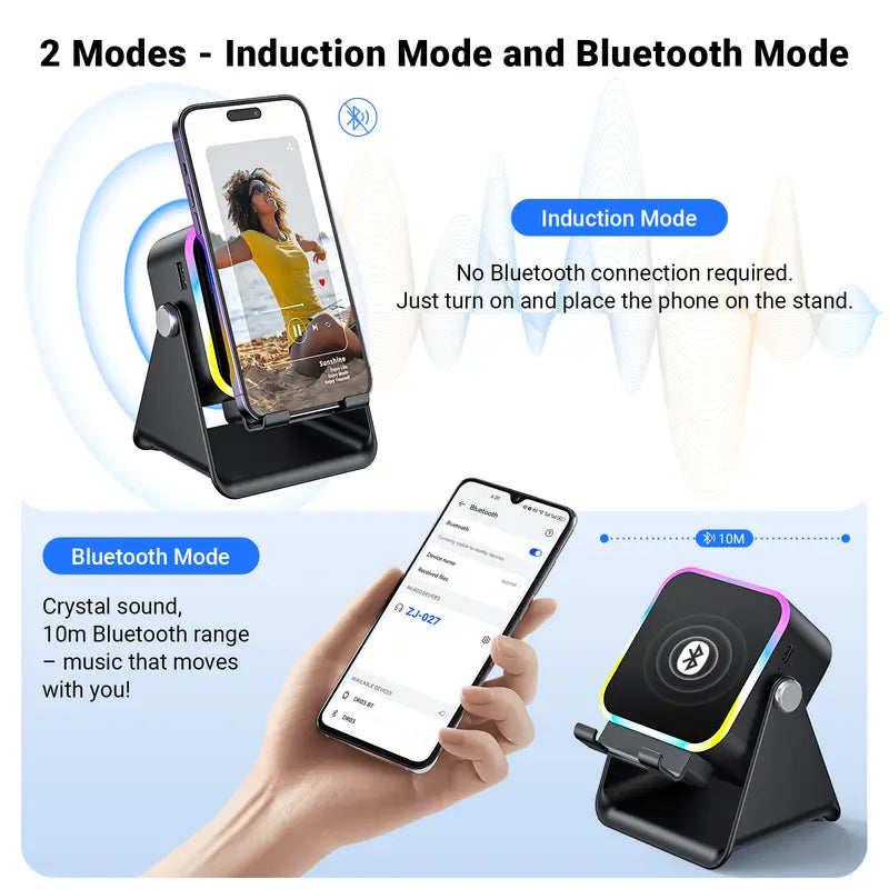 Wireless induction speaker stand, 5-in-1 phone holder with 3500mAh power bank, 360° adjustable, with ambient light, Mother’s Day gift