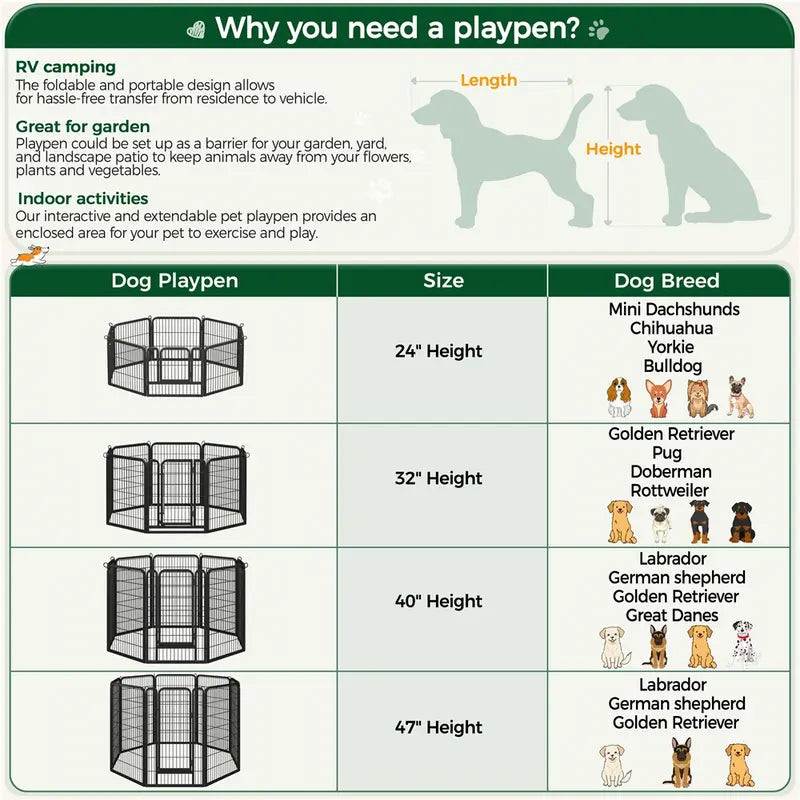 Metal Dog Playpen, 6/8/12/16 Panels, Indoor/Outdoor Pet Exercise Barrier, 24/32/40/47 inch.