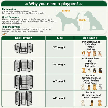 Metal Dog Playpen, 6/8/12/16 Panels, Indoor/Outdoor Pet Exercise Barrier, 24/32/40/47 inch.