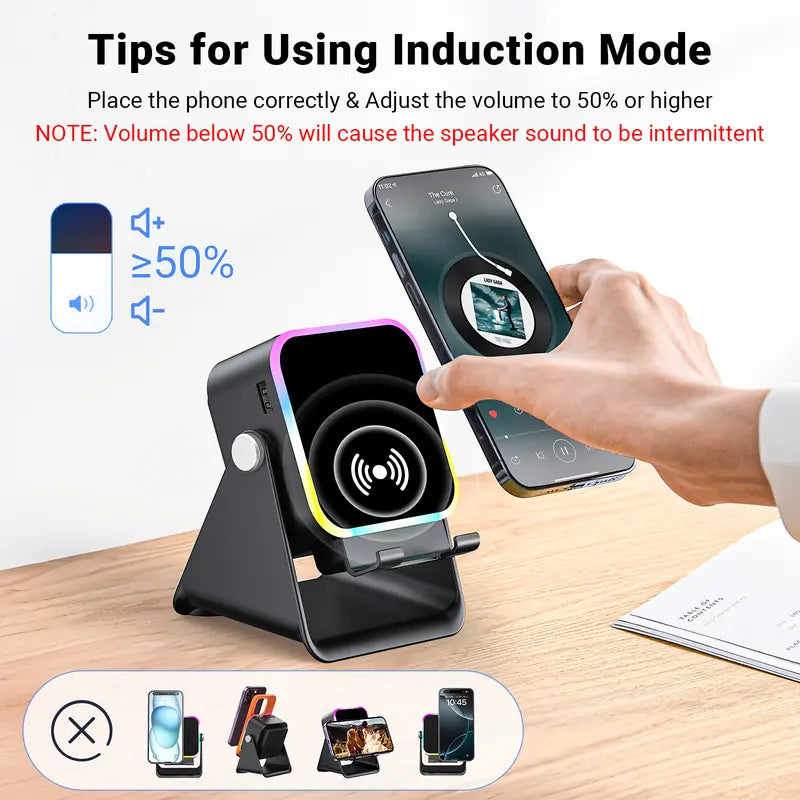 Wireless induction speaker stand, 5-in-1 phone holder with 3500mAh power bank, 360° adjustable, with ambient light, Mother’s Day gift