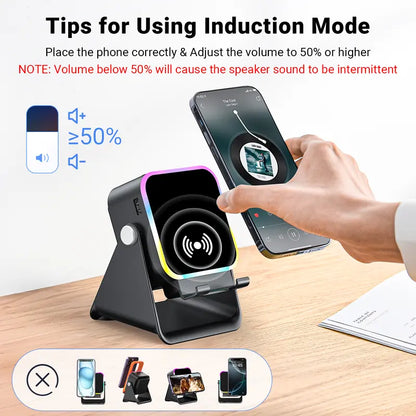 Wireless induction speaker stand, 5-in-1 phone holder with 3500mAh power bank, 360° adjustable, with ambient light, Mother’s Day gift